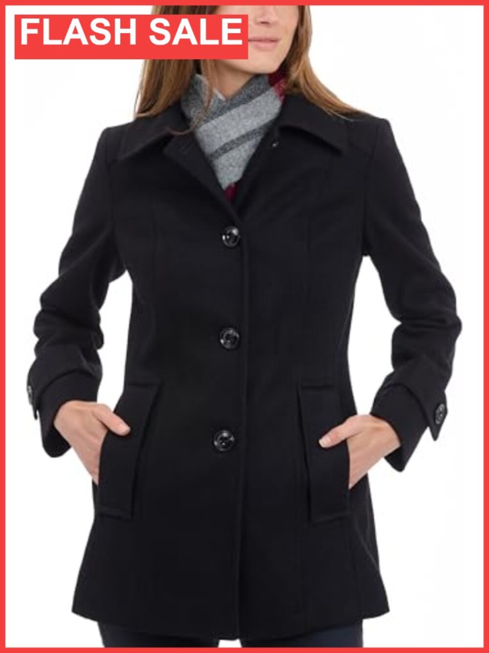 Wool Blend Pea Coat Single-Breasted with Scarf Peter Pan Collar